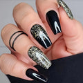MISUD Press on Nails - Long Coffin Fake Nails with Black Gold, Acrylic Bling Glitter Design 24 pcs - color: 019A05-04Black&Gold