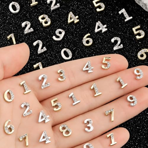 20 Pcs Numbers Nail Charms Gold Silver Flatback Numbers Nail Rhinestones - color: Shining Silver
