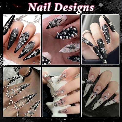Punk Gothic Nail Art Studs, Black Silver Caviar Beads & Spike Nail Charms - color: S3