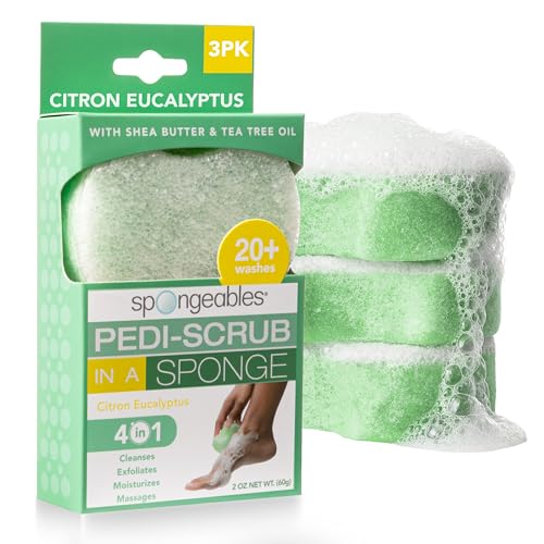 Spongeables Pedi Scrub Foot Exfoliating 20+ Wash Sponge, Citron Eucalyptus, 3 Count - color: Citron Eucalyptus, size: 1 Count (Pack of 3)