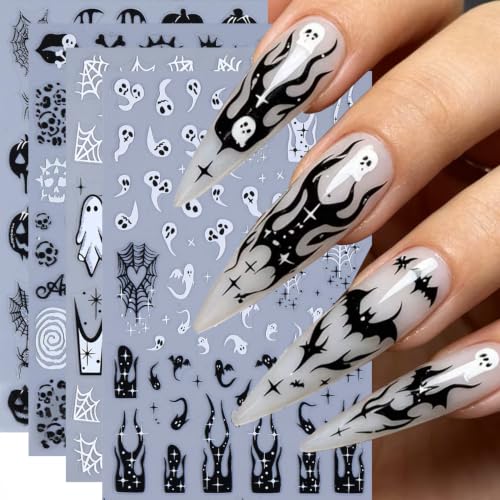 Halloween Ghost Skull Nail Art Stickers Spider Webs Flame Nail Art Decals 4 Sheets 3D Self-Adhesive Pumpkin Face Spider Stickers Heart Ghost Nail Design for Women Halloween Nail Supplies - color: Halloween Style7