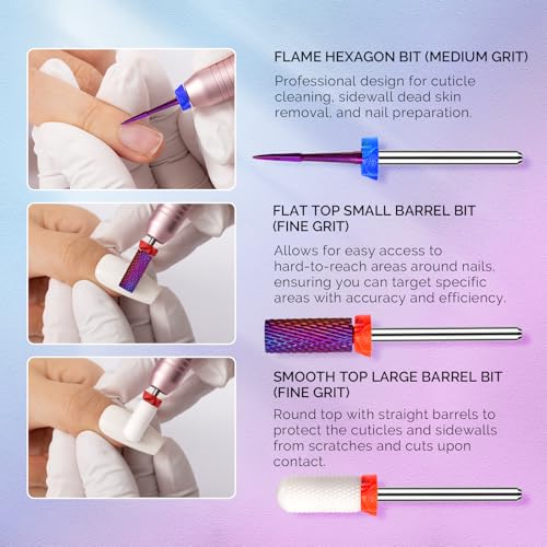 MelodySusie 3Pcs Nail Drill Bits Set, 3/32'' Tungsten Ceramic Bits, Flame Hexagon, Flat Top Small Barrel and Smooth Top Large Barrel Bits, Suitable for Manicure Pedicure Cuticle Gel Acrylic Remover - size: E Set