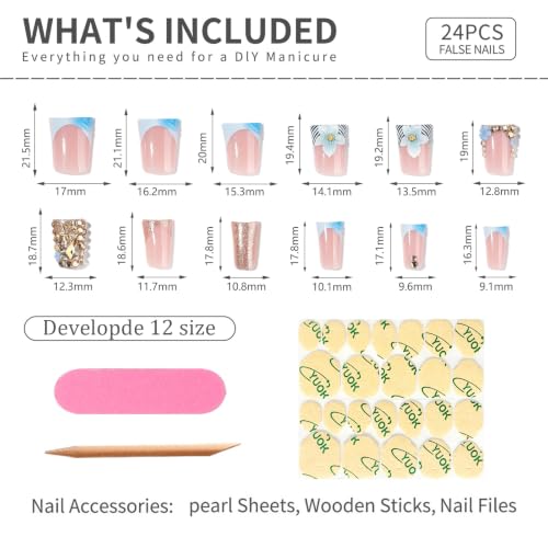 Medium Short Coffin Press On Nails, Blue 3D Flower, 24 Pcs - color: 105-Blush Blue Champagne