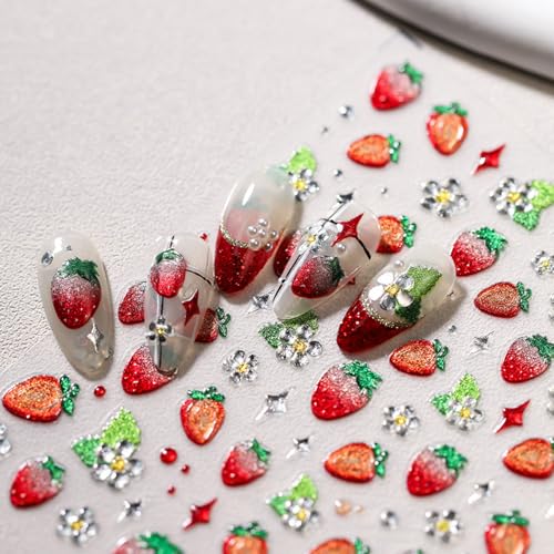 1 Sheet 5D Embossed Strawberry Nail Stickers Red Strawberry Jelly Nail Art Stickers Fruit Nail Decals Cute Red Strawberries Design Strawberries Nails Supplies for Women Summer Manicure Decor Supplies - style: strawberry