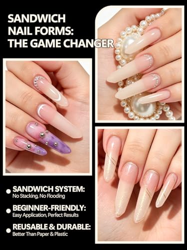EBANKU Sandwich Dual Forms for Polygel: Square Nail Form & Acrylic Nails - color: Long Oval