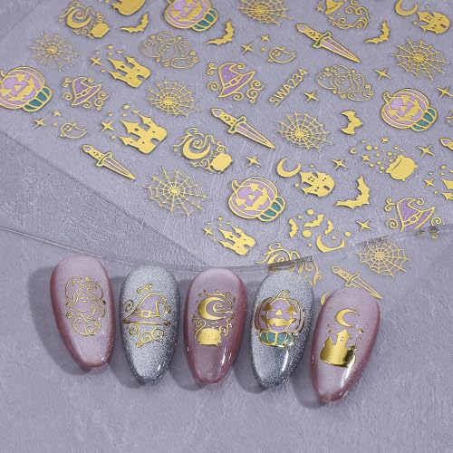 Halloween Nail Art Sticker Sword Castle Nail Sticker 6Pcs Gold Gothic 3D Self-Adhesive Pumpkin Spider Web Dragon Nails Decals Pumpkin Castle Nail Supplies Accessories for Halloween Manicure Decoration - color: Sword Castle