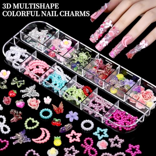 FANDAMEI Nail Charms, 8-Box Nail Charms and Gems, Fruit Bow Hawaii Flowers Petals 3D Nail Art Charms Bulk, Charms Y2K for Nails, Colorful Bubble Beads Nail Rhinestones, Gold Studs Nail Pearls for DIY - color: Pink flower petal/clear bubble bead/orange 3D