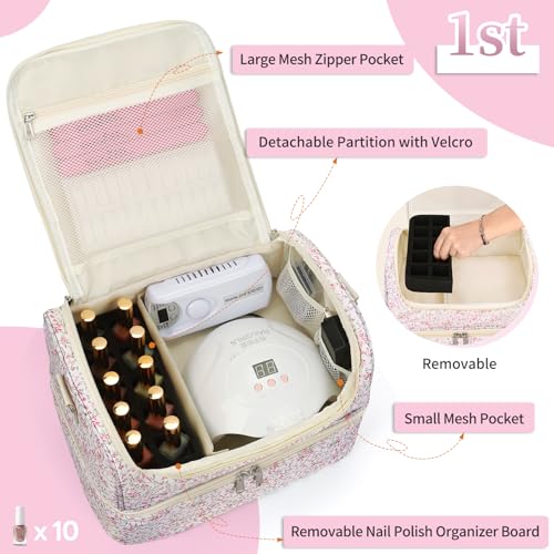 Nail Polish Organizer Bag - Nail Organizers and Storage Case Holds 45 Bottles & Nail Lamp, Travel Nail Tech Carrying Bag for Nail Supplies, Manicure Tools, Nail Kit, Nail Tech Gifts for Women - color: Pink Small Flower, size: 45 Slots