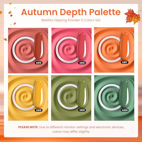 Beetles Fall Dip Powder Nail Kit, 6 Colors Burgundy Orang Red Green Yellow - color: 6 Colors x 10g Kit | Autumn Depth Palette