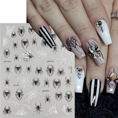 Halloween Spider for Nails Stickers Holiday Nail Decals 3D Self-Adhesive Black and White Spider Web Stickers Halloween Nail Art Sticker for Women Girls DIY Manicure Nails Accessories - style: Spider