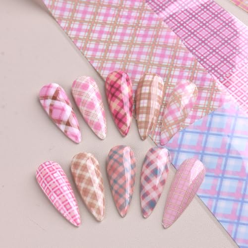 10 Rolls Plaid Nail Art Transfer Foil Pink Plaid Checkered Designs - color: Pink Plaid