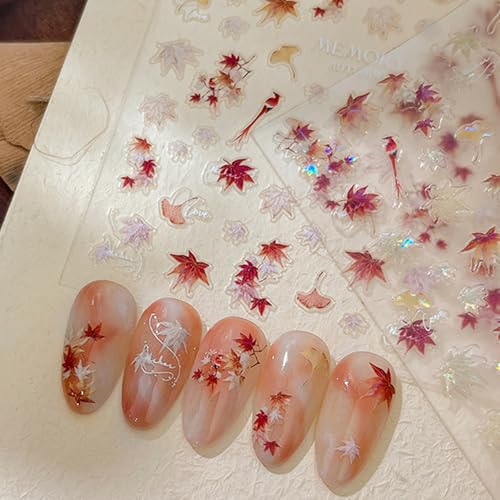 2Sheets Autumn Maple Leaf Nail Art Stickers 5D Embossed Fall Leaf Nail Decals Shiny Maple Leaves Nail Sticker for Thanksgiving Day Nail Art Maple Leaf Manicure Acrylic Nails Accessories for Women DIY - style: maple leaf