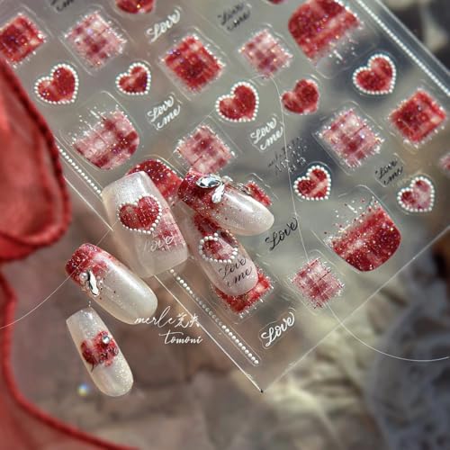 Love Letter Nail Stickers 5D Embossed – Premium Salon-Quality Self-Adhesive Nail Wraps, Tweed Warm Wine Red & Gold Sparkle Heart Designs, Easy Application for DIY Manicure, Press On, Home or Salon Use - color: Love Letter