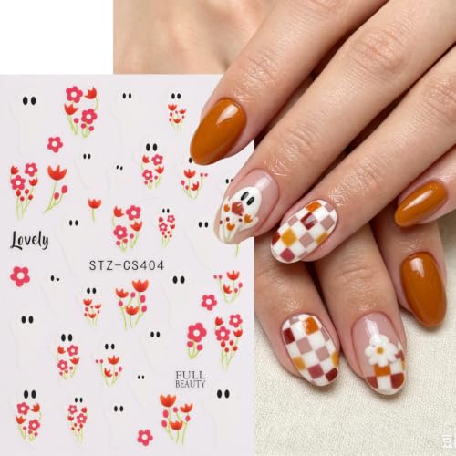 Halloween Ghost Flower Nail Art Stickers Pumpkin Cute Ghost Nail Art Decals 6 Sheets 3D Self-Adhesive Flowers Hat Nail Stickers for Women Halloween Nail Supplies Nail Decorations - color: Halloween Style5