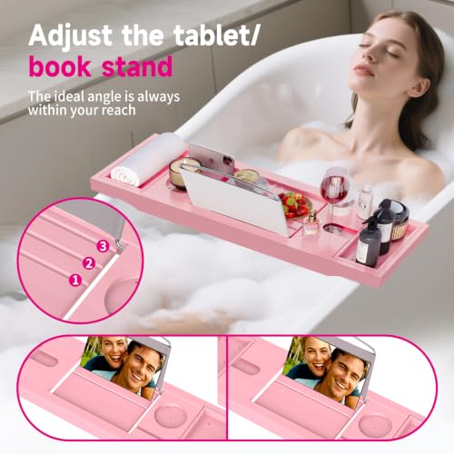 Foldable Bathtub Tray Caddy with Soap Dish Adjustable 29.5-43'' Pink - color: Pink
