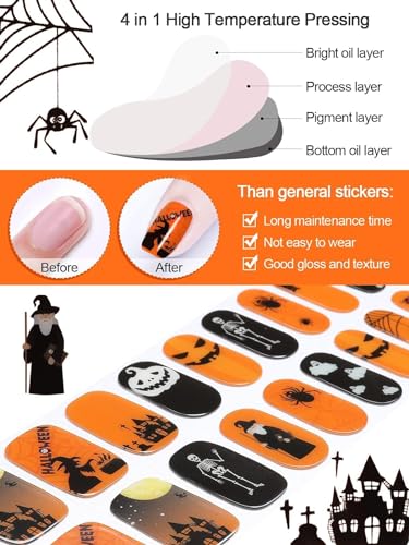 TOROKOM Halloween Cured Gel Nail Strips, Orange Pumpkin Gel Nail Polish Strips, Long Lasting Waterproof Full Nail Wraps, UV/LED Lamp Required - style: 03
