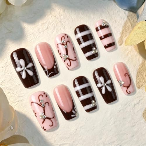 Handmade Press on Nails,Medium Coffin Flower Striped Fake Nails - color: style13