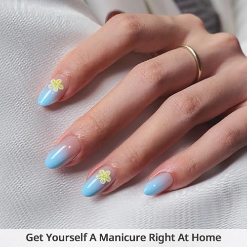 BTArtbox Press On Nails, Short Almond Blue Fake Nails, 32Pcs Full Kit - color: A1-Garden Party