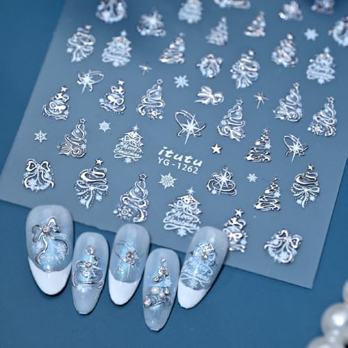 Silver White Glitter Star Snowflake Christmas Tree Christmas Nail Stickers - color: Color 17