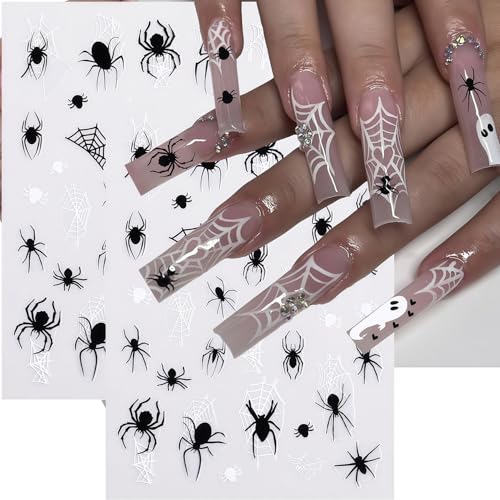 6 Sheets Halloween Nail Art Stickers Nail Decals 3D Self-Adhesive Spider Web Spider Cute Ghost Bat Nail Stickers Design Fall Holiday Salon DIY Nails Decoration Accessories for Women - style: Spooky