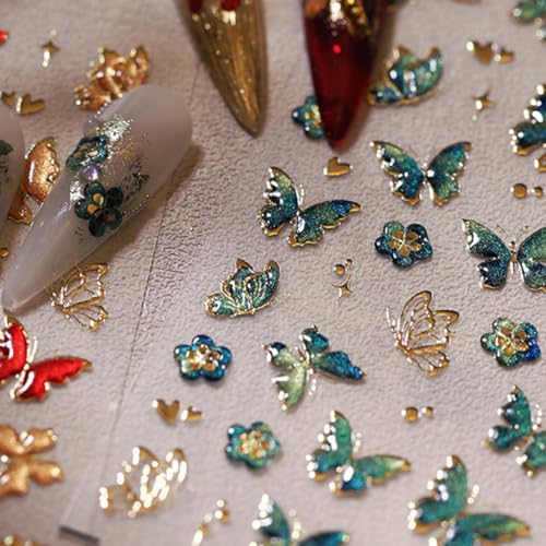 WBRRFJJ 5D Embossed Butterfly Nail Art Stickers, Green Hot Gold Butterflies, Nail Decals, Self Adhesive, Flower Heart Nail Designs, Star Nail Art Supplies, Spring Nail Stickers for Women - style: Butterfly Nail Stickers-4