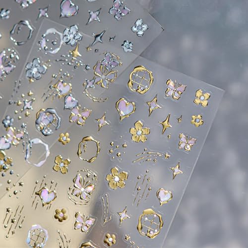 Gold Nail Stickers for Nail Art Flower Butterfly Nail Decals Golden Hibiscus Stickers for Nails Design 3D Self-Adhesive Gold Metal Stars Heart Coil Stickers for Nails Design Nail Supplies for Women - style: butterflies