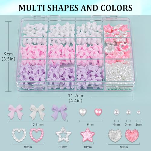 600 Pcs 3D Nail Bow Charms and Flatback Pearls Nail Charms Set 4 - color: Set 4- Pink&White&Lilac A Style