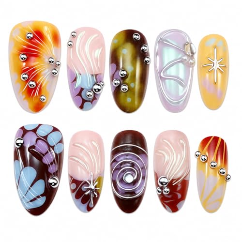 10pcs Handmade Press On Nails Almond, Color Gradient Fake Nails With 3d Silver Rivets, Swirl & Polka Dot Texture, Glossy Y2k Reusable False Nails For Women Salon‑Grade Nail Art(Size S) - color: DXR-309, size: S