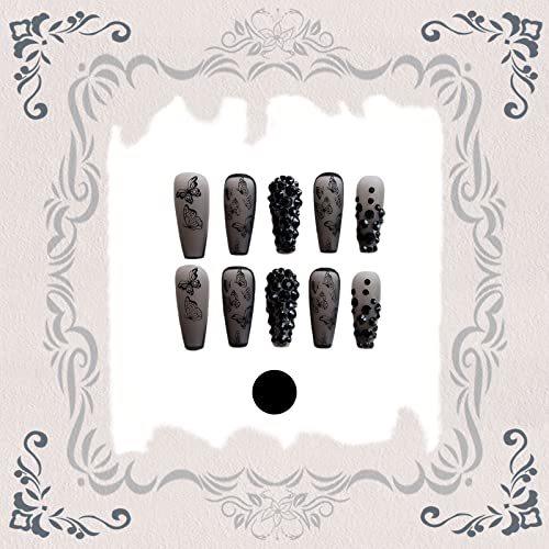 Press on Nails Long Coffin Fake Nails Black False Nail with 3D Rhinestone Butterfly Design Matte Full Cover Stick on Nail for Women - color: 04-Butterfly