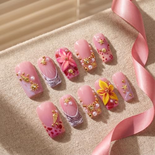 Press on Nails Medium Coffin Pink 3D Flower Handmade False Nalis - color: style18