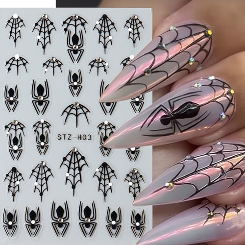 Halloween Nail Stickers for Nail Art 6 Sheets Self-Adhesive Spider Web Ghost Diamond Spider Bat Nail Art Stickers Halloween Spooky Decals Spiders Bat Sticker Holiday DIY Manicure Decoration for Women - style: Fall