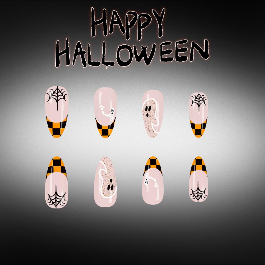 24Pcs Halloween Press on Nails Medium Almond Glossy Fake Nails Ghost Nail Press Ons with Glitter Design Plaid French Tip False Nails Ghost Skull Glue on Nails Spider Web Stick on Nails Nail for Women - color: Halloween01