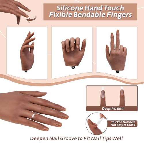 Realistic Silicone Practice Hand for Acrylic Nails, Flex Fingers - color: dark skin