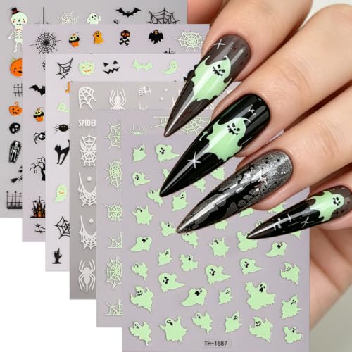Glow in the Dark Halloween Nail Art Sticker Pumpkin Spider Web Nail Sticker 6Pcs 3D Self-Adhesive Pumpkin Bat Ghost Bone Nails Decals Cat Nail Supplies Accessories for Halloween Manicure Decoration - color: Glowing Ghost