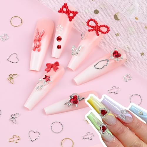 650PCS Cute 3D Resin Nail Charms and Gems Red Flower Bow Butterfly Charms - color: Red