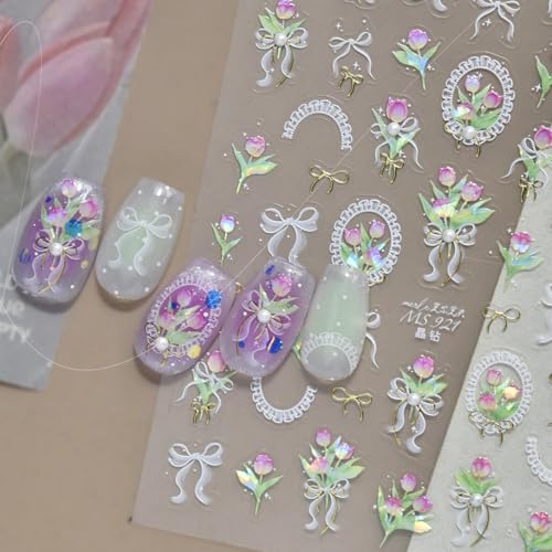 1 Sheet Tulip Nail Art Stickers 5D Embossed White Bow Nail Decals Tulips Floral Nail Art Stickers Decals Spring Summer Flower Nail Supplies Pearl Bow Nail Design Decoration Accessories for Women - style: pearl bow