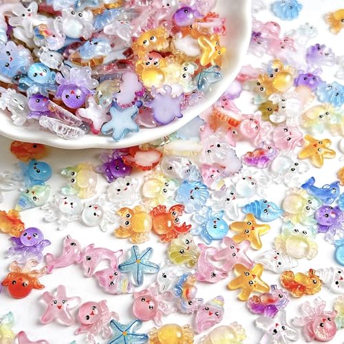100Pcs Ocean Mini Resin Nail Art Charm Cute Tiny Sea Animal Nail Art 3D Resin Flat Back Crab Octopus Seashell Starfish Beach Nail Jewelry Summer Nail Supplies Manicure Beach (Ocean Animals) - color: Ocean animals
