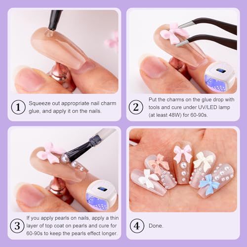 Cute Bow Charms and Flatback Pearls Set - 10, 120 Pcs Pink, White, Lilac Bow Charms + 2-4mm White Nail Pearls with Pickup Tweezer and Pencil for Nail Art Decoration - color: Style C - Pink White Lilac