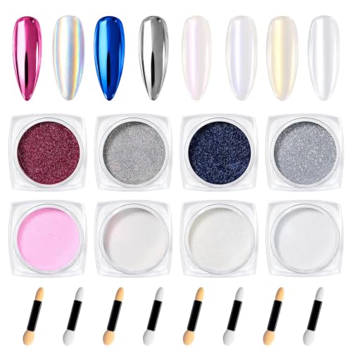 Beetles Chrome Nail Powder Set 8 Colors White Pearl Holographic Aurora - color: A - Multicolor Pearl-8