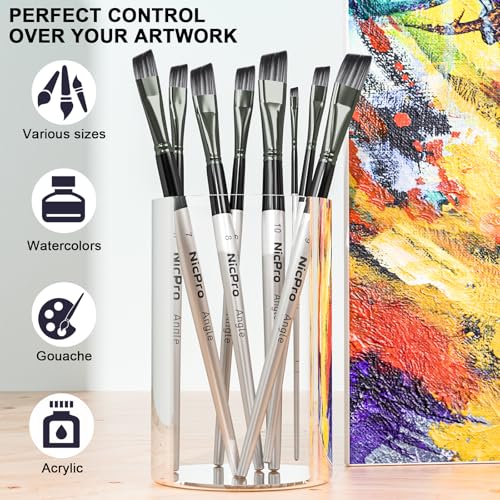 Nicpro 10 PCS Angular Paint Brush Set for Acrylic, Watercolor, Oil, Gouache - size: 10PCS - Angular