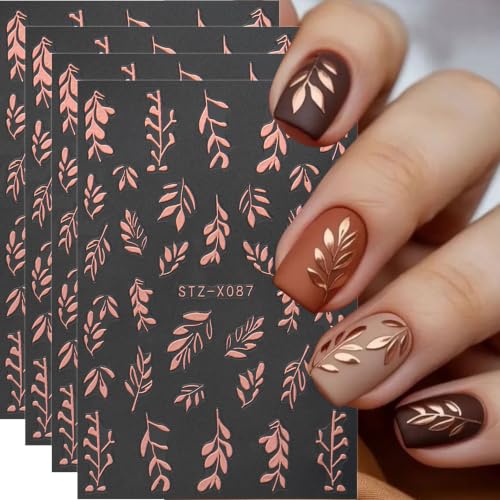 Leaf Nail Stickers, Rose Gold Nail Decals for Fall Nail Art, 4 Sheets - color: Multicolor-02