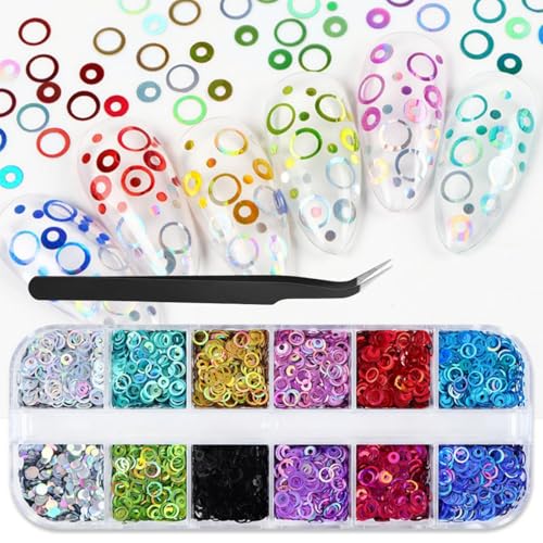 1 Box 12 Color Holographic Hollow Circle Nail Glitter Red Purple Nail Sequins 3D Laser Silver Nail Flakes Sparkly Powder Flakes Shiny Nail Glitter Colorful Nail Sequins Glitter for Nails Art 12 Grids - color: Color 7