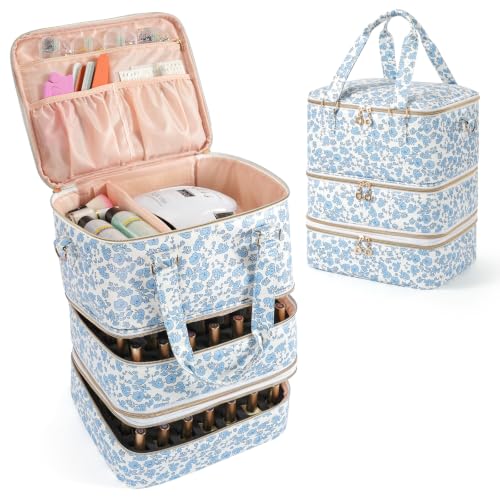 Uross Nail Polish Organizer Bag Case, 84 Bottles PU Leather- Blue Floral - size: X Large- Hold 84 Bottles