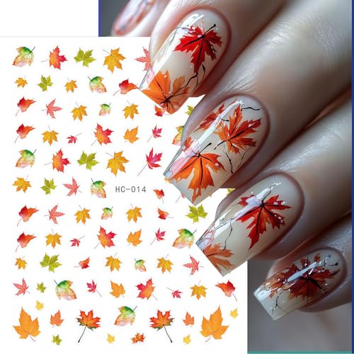 6 Sheets Thanksgiving Day Nail Art Stickers Fall Maple Leaf Nail Decals 3D Self-Adhesive Autumn Maple Leaves Nail Stickers Holiday Nails Sticker for DIY Nails Decoration Accessories - style: Maple Leaf