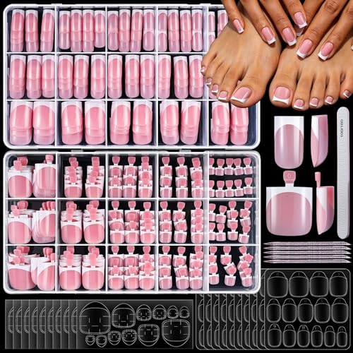 YGDZ 300PCS Press On Toenails & French Tip Press on Nails Kit, Short Press on Nails Square Fake Nails Toe, White French Tip Nail Tips Stick on Toenails for Women, 15 Sizes - color: White French