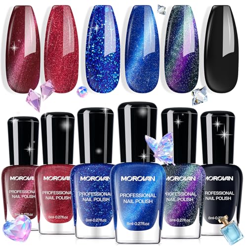 Morovan Magnetic Nail Polish Set: Cat Eye Glitter Dark Red Green Blue Black - color: Blue