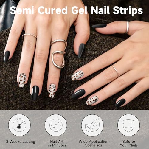 Semi Cured Gel Nail Strips (Black Leopard), 28pcs Gel Nail Stickers - color: Black Leopard