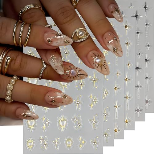 6 Sheets Star Nail Stickers for Nail Art, Shiny Crystal Diamond Stars Heart Silver Gold Self-Adhesive Nail Art Stickers Decals Design Everyday Salon Nail Art DIY Decoration Supplies for Women - style: Stars