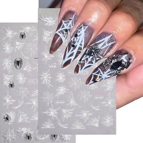 Halloween Nail Art Stickers Decals Black White Spider Web Spider Pattern Design 3D Self-Adhesive Nail Stickers Halloween Spider Nail Art Decals for Women DIY Festival Salon Manicure Decoration - style: Autumn