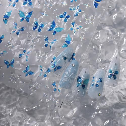 WBRRFJJ 5D Embossed Butterfly Nail Art Stickers - Blue, Butterfly Pattern - Waterproof, Resin Material - For Nails - Nail Art Stickers & Decals - Women & Girls - Spring/Summer Nail Art Supplies - style: Butterfly Nail Stickers-8